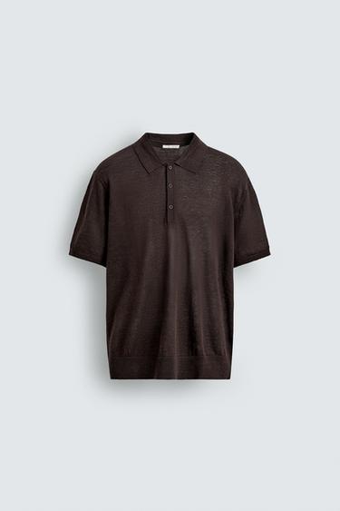 100% LINEN KNIT POLO SHIRT - Brown by Zara