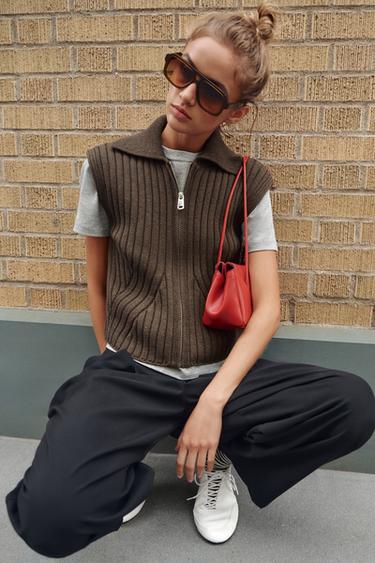 RIB KNIT VEST — Brown 1