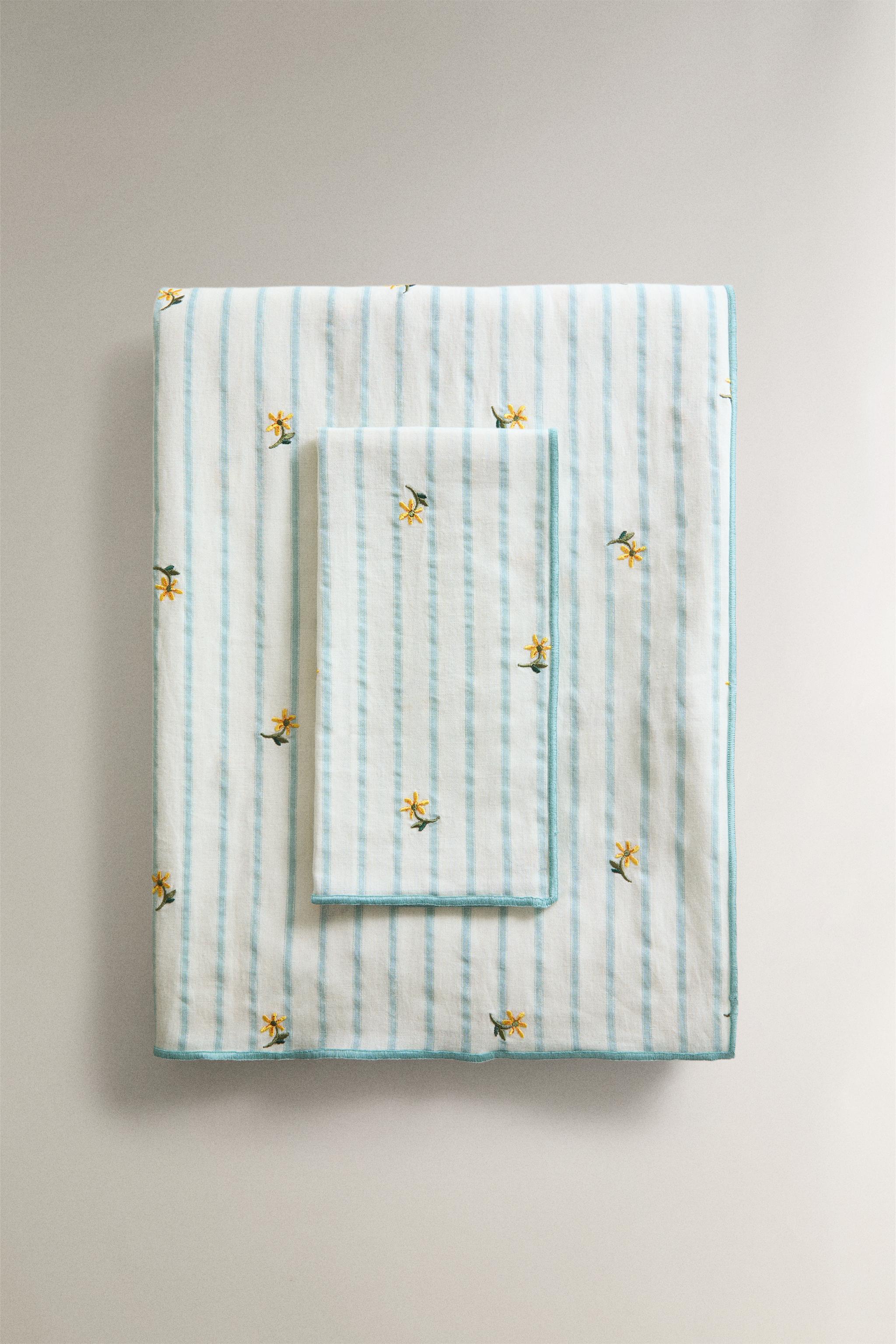 STRIPED TABLECLOTH WITH FLORAL EMBROIDERY — Blue