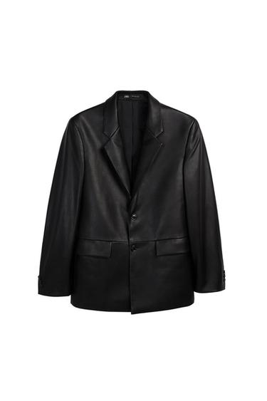 Black faux leather jacket with classic lapels and two front buttons. Elegant and modern design on a white background.