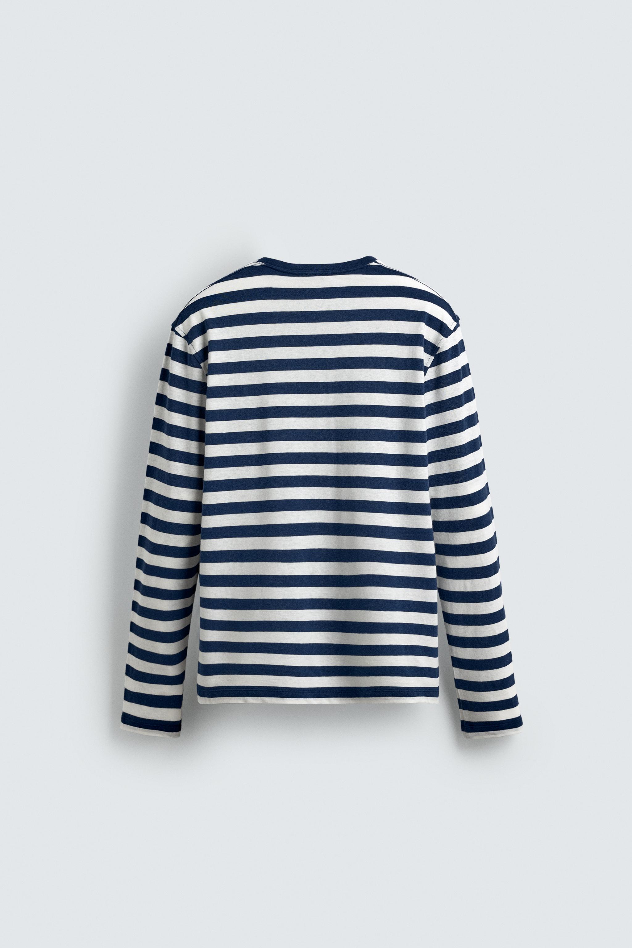 STRIPED LINEN COTTON BLEND LONG SLEEVE T-SHIRT
