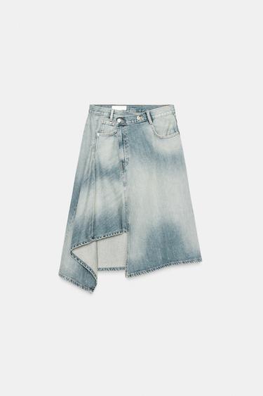 Zara TRF 交叉腰頭中長版牛仔裙 - 藍色
