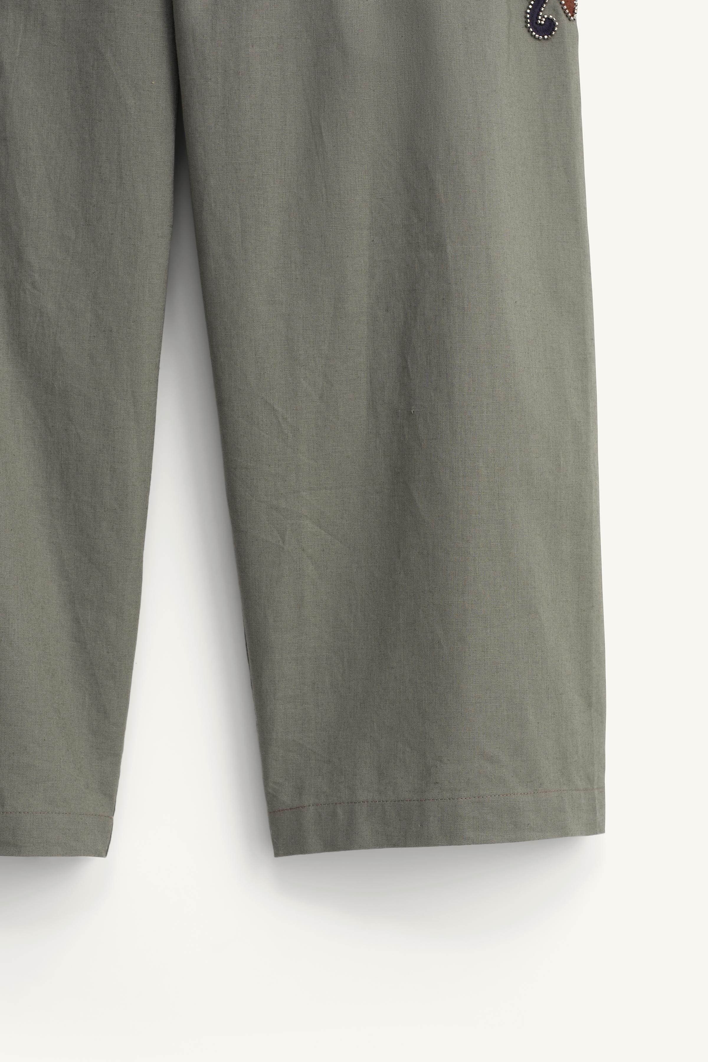 CONTRAST EMBROIDERED LINEN-COTTON PANTS