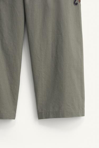 CONTRAST EMBROIDERED LINEN-COTTON TROUSERS - Green / Blue by Zara - Image 9