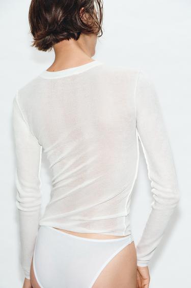 FINE KNIT SEMI-SHEER TOP - White by Zara - Image 4