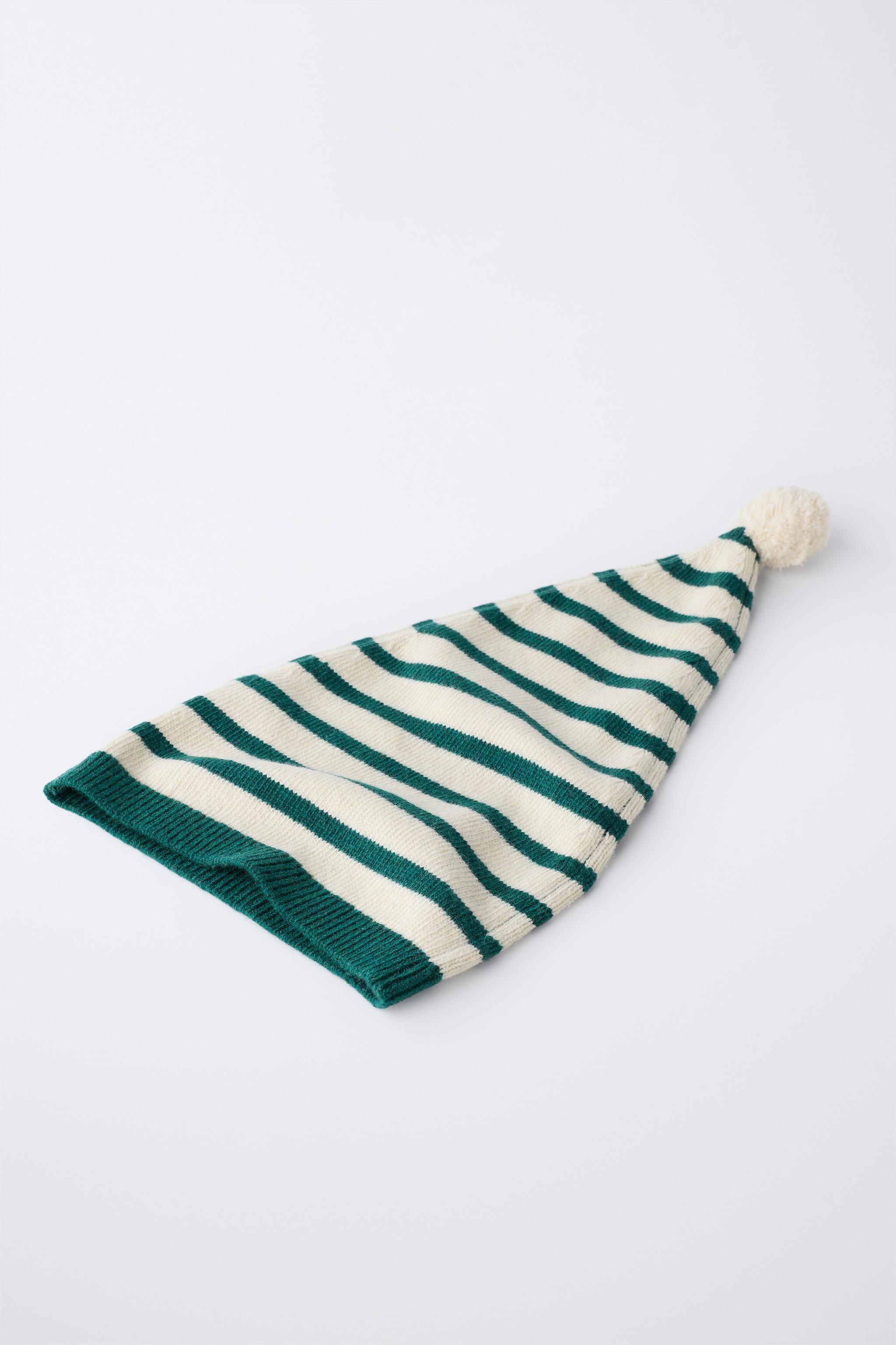 STRIPED KNIT HAT WITH WOOL POMPOM