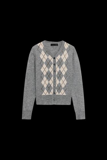 WOOL BLEND ARGYLE CARDIGAN - Grey marl by Zara