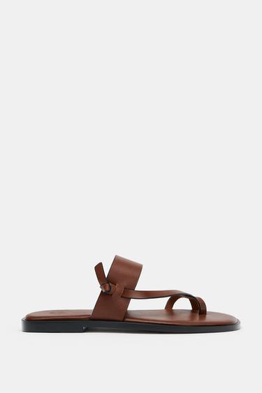 FLAT LEATHER STRAPPY SANDALS - Brown by Zara - Image 0