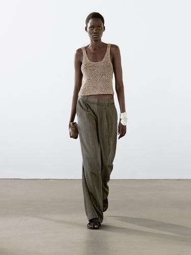 Zara Striped cotton blend trousers - Brown - Image 0
