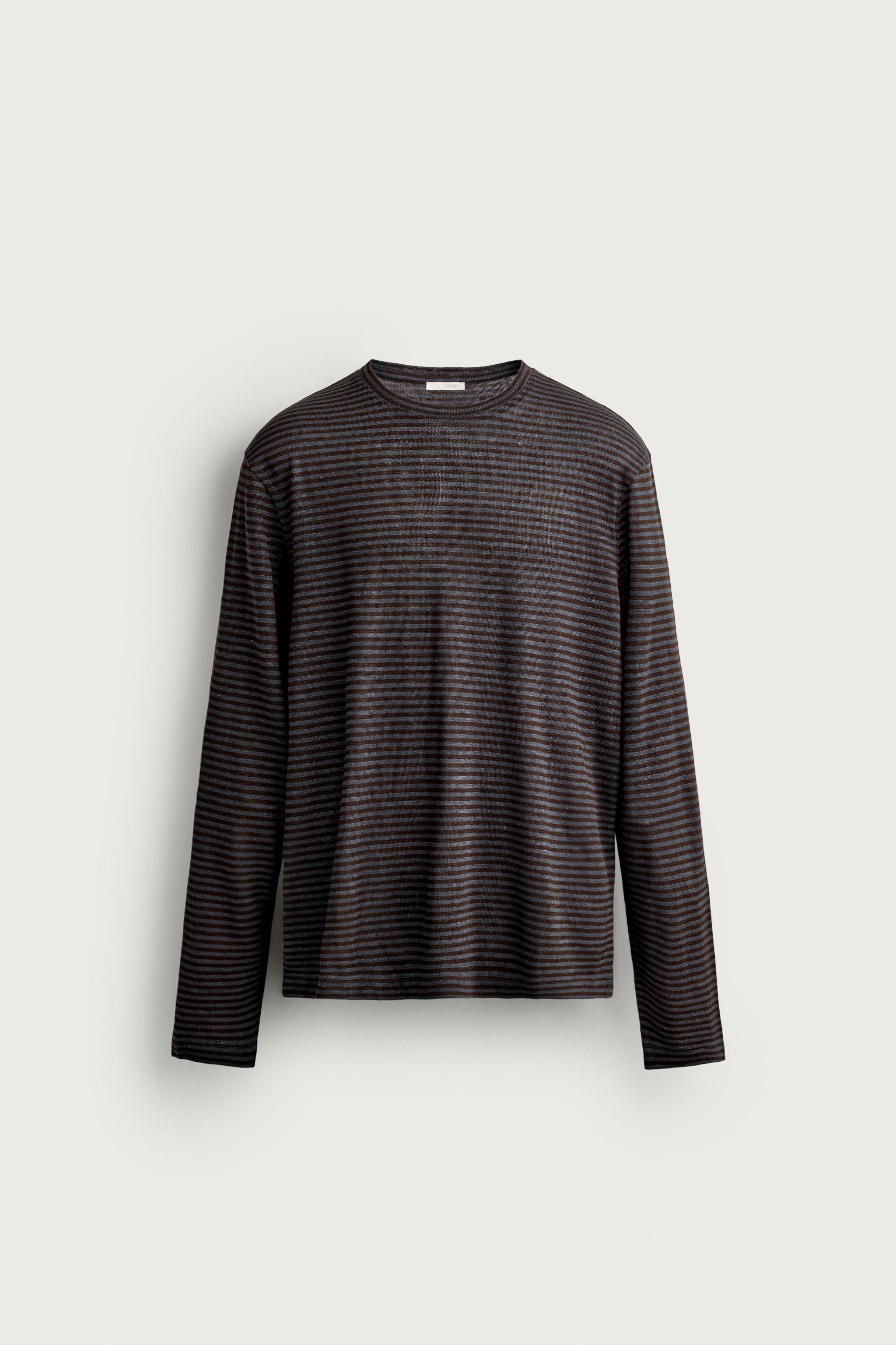 HEMP AND VISCOSE STRIPED JACQUARD T-SHIRT — striped