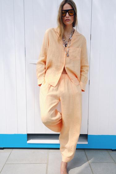 PANTALLONA BARREL LINO ZW COLLECTION - Mandarinë nga Zara