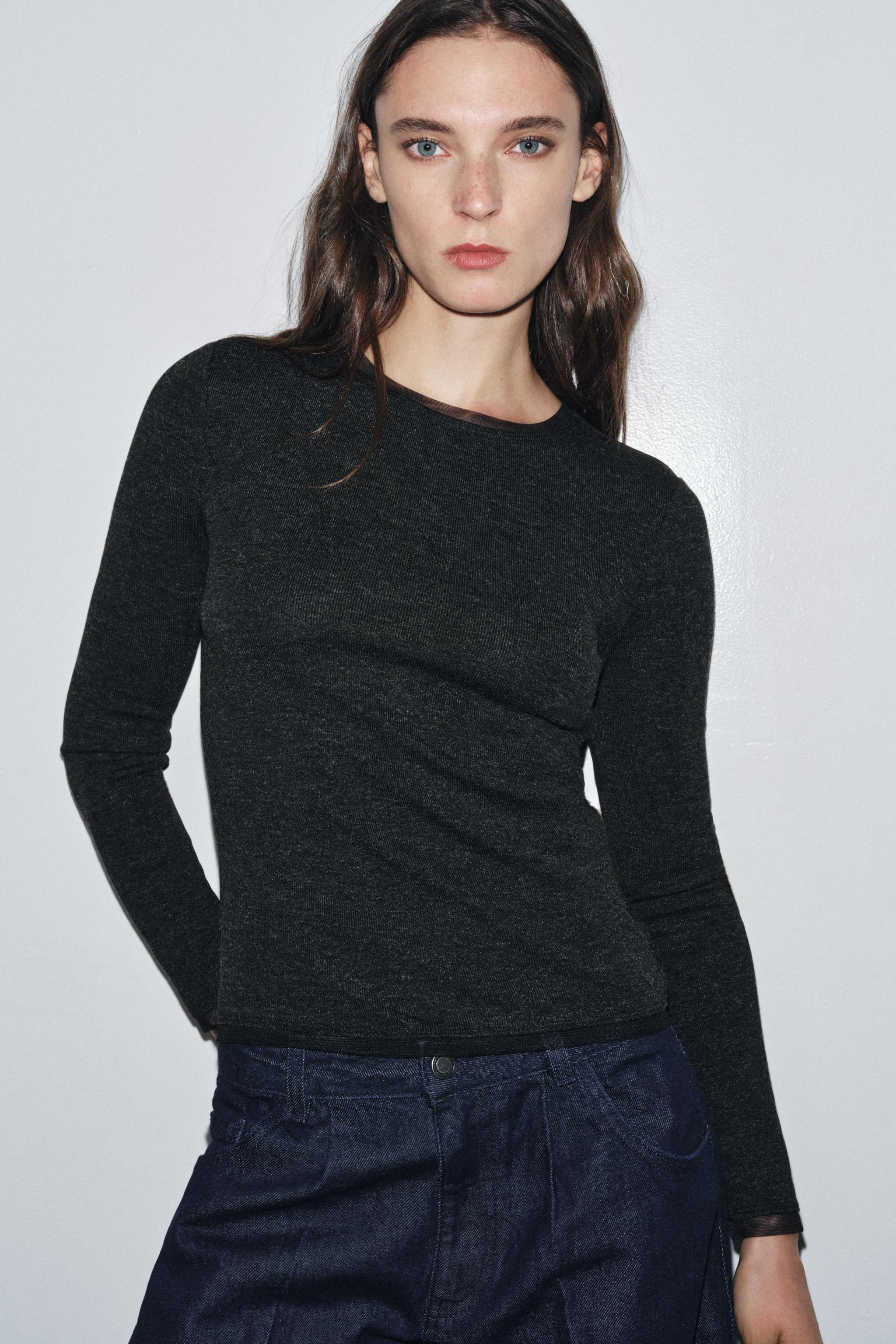 トップス MARTE Tulle Tape Design Tee TULLE TRIM T-SHIRT - Dark gray | ZARA United States