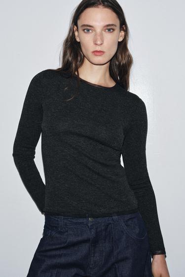 T-SHIRT WITH TULLE TRIMS - Dark grey by Zara