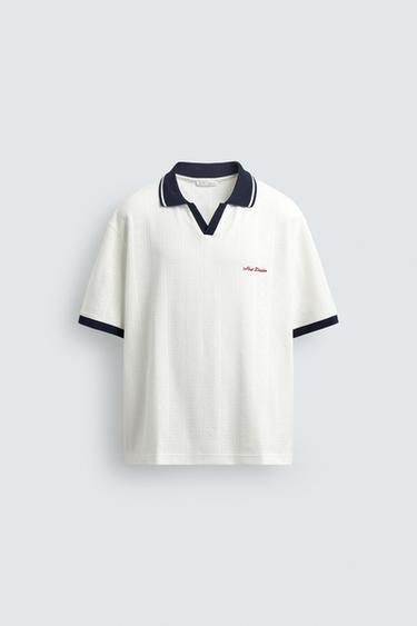 POLO JACQUARD VERTICAL BRODÉ - Écru / Bleu de Zara