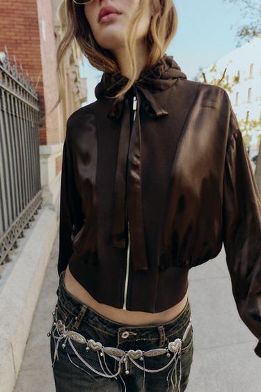 HOODED SATIN CONTRAST SHIRT - Brown by Zara