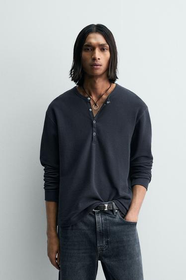 LIMITED EDITION HENLEY WAFFLE-KNIT T-SHIRT - Mid-blue by Zara