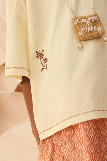 T-SHIRT SURPIQÛRES FLEUR BRODÉE COTON LIN ÉDITION LIMITÉE - Vanille de Zara - Image 3