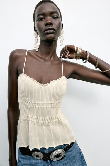 Zara RIBBED KNIT TOP - Light beige