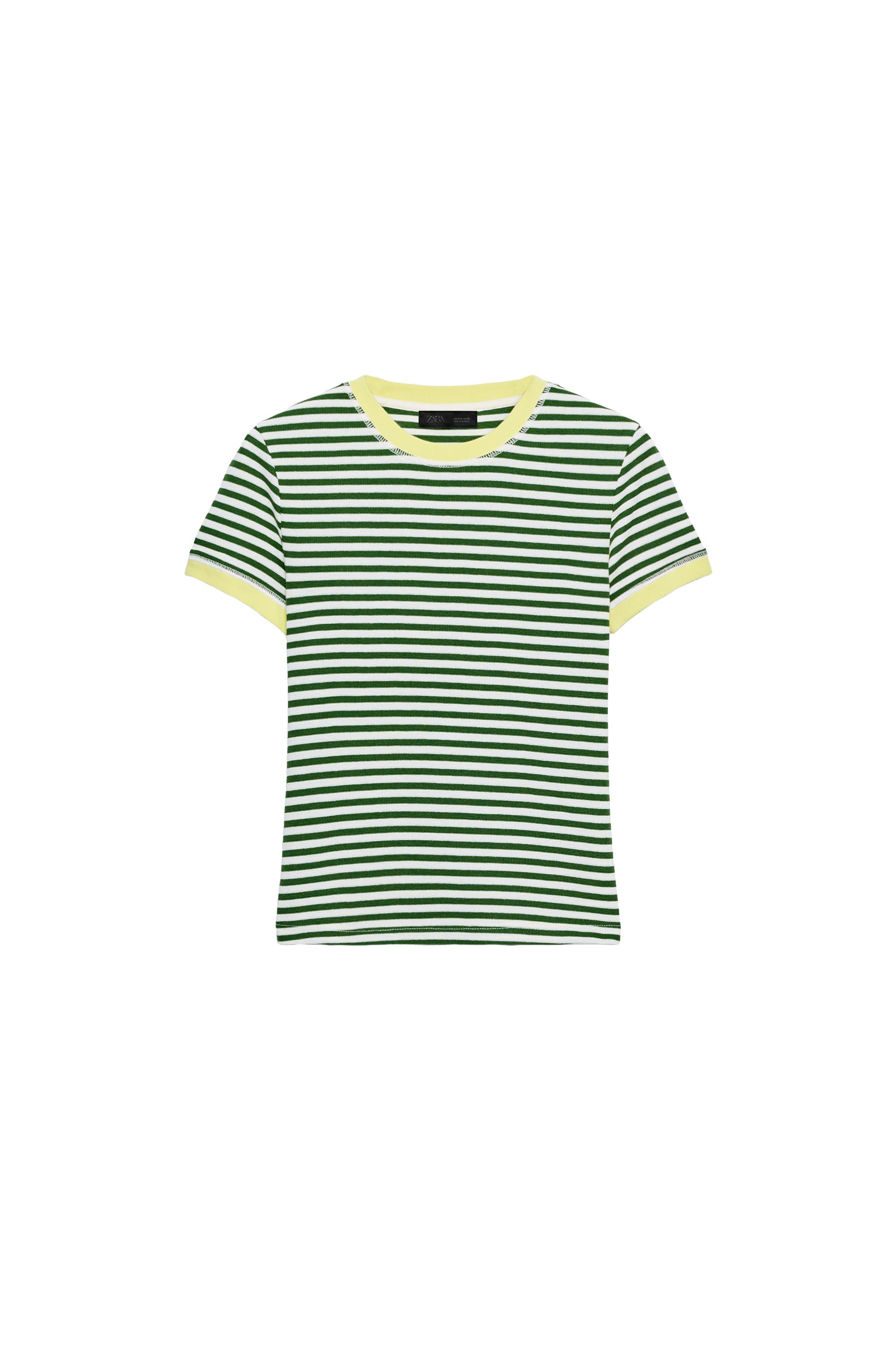 STRIPED SHORT SLEEVE T-SHIRT - Ecru / Navy | ZARA Canada