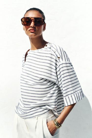 CAMISA RAYAS CON LINO - Azul / Blanco de Zara