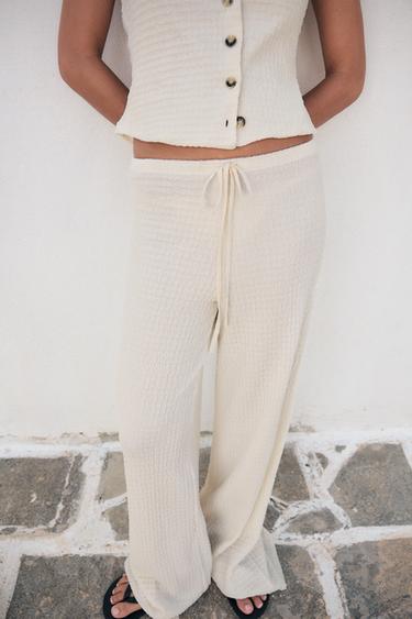 Zara TEXTURED STRAIGHT LEG PANTS - Ecru