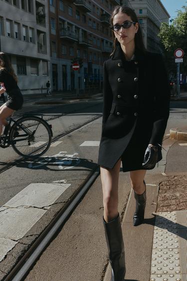 Zara WOOL BLEND DOUBLE BREASTED SHORT COAT - Black