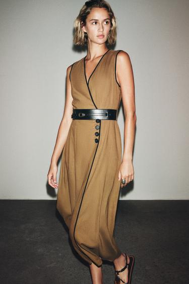 LINEN BLEND MIDI DRESS WITH BELT - Toffee by Zara - Image 3