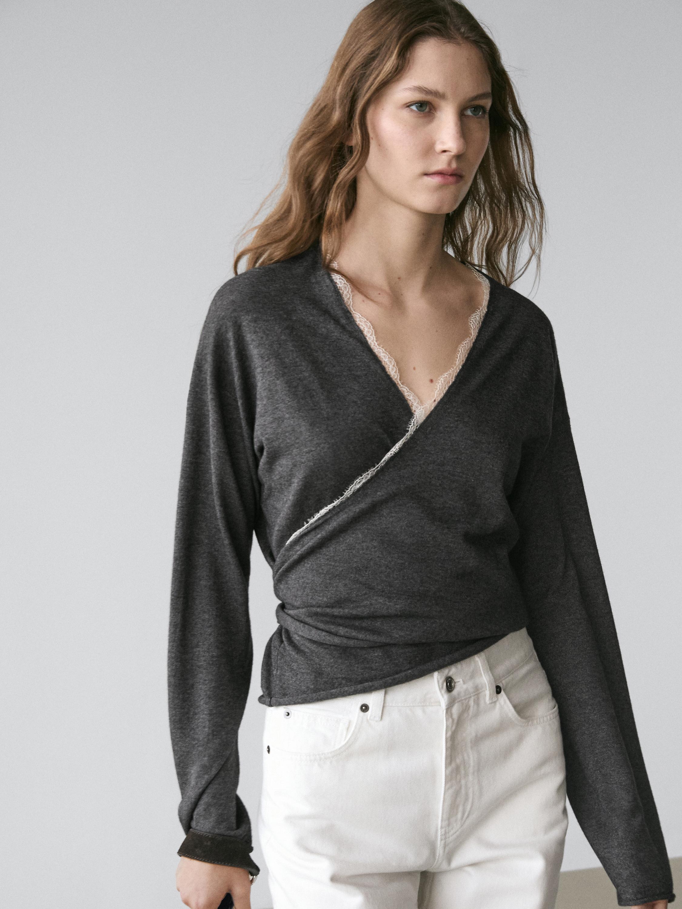 Cross-over knit cardigan with lace detail