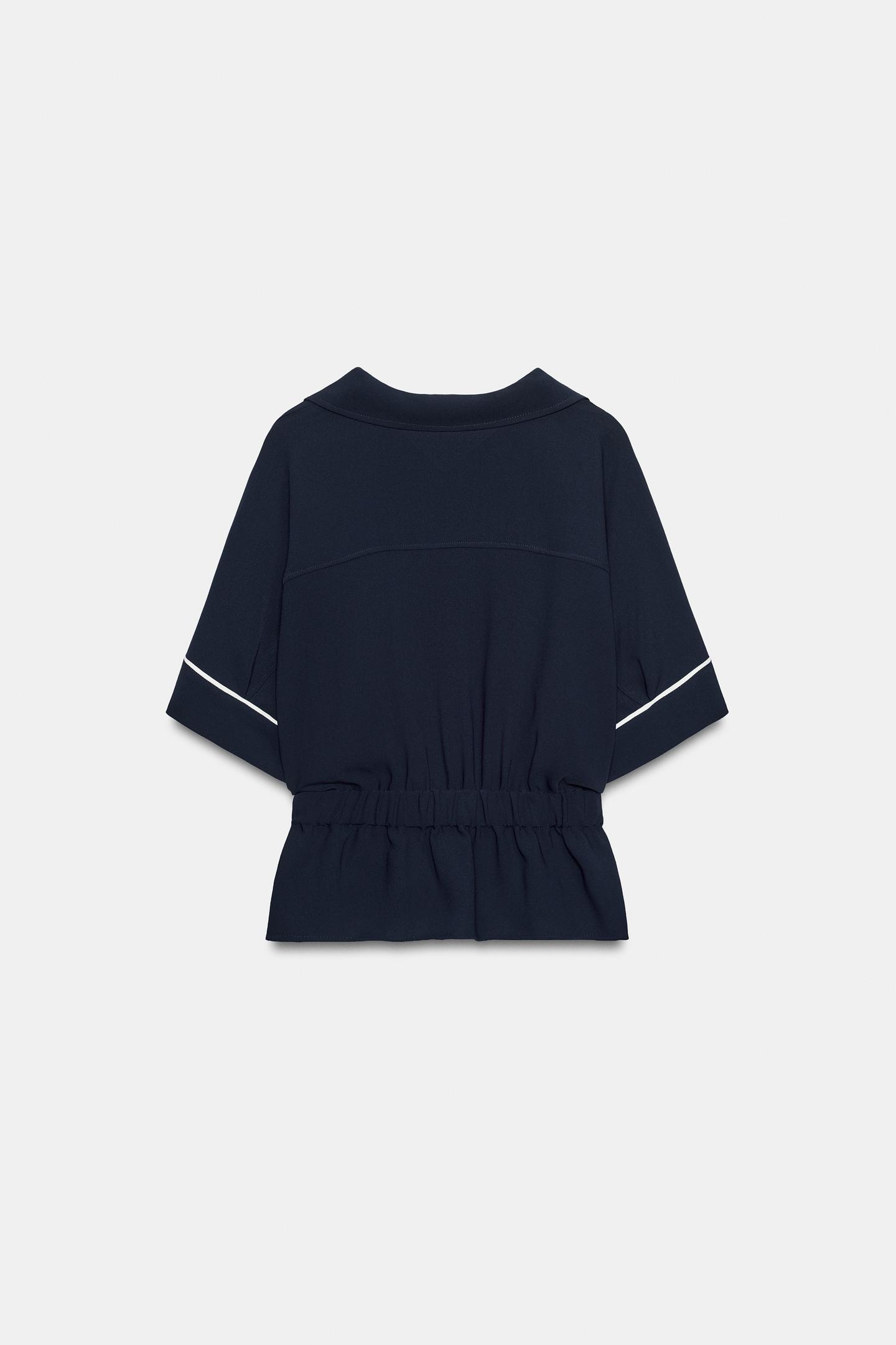 Женская рубашка Zara Contrast Trim Pleated, цвет: Тёмно-синий — фото 3