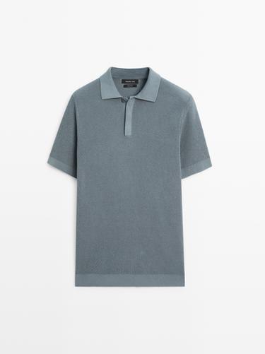 Zara Textured cotton knit polo shirt - Mid-turquoise