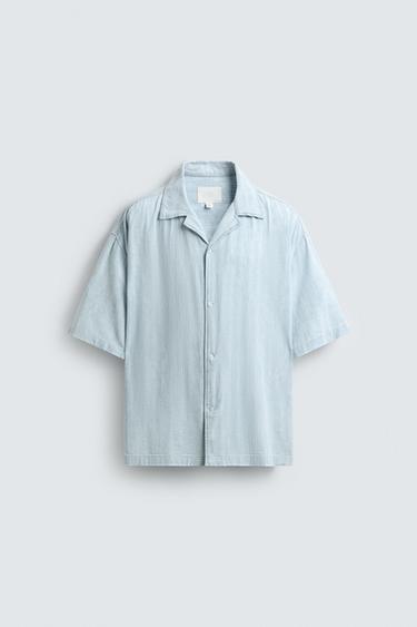 Zara WASHED JACQUARD STRIPED SHIRT - Light blue