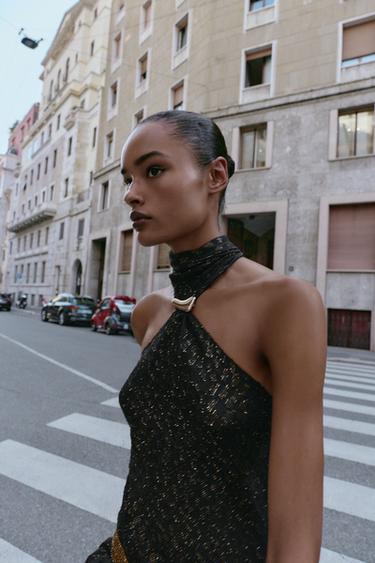 HALTER TOP WITH METALLIC THREAD TRIM - Black gold by Zara