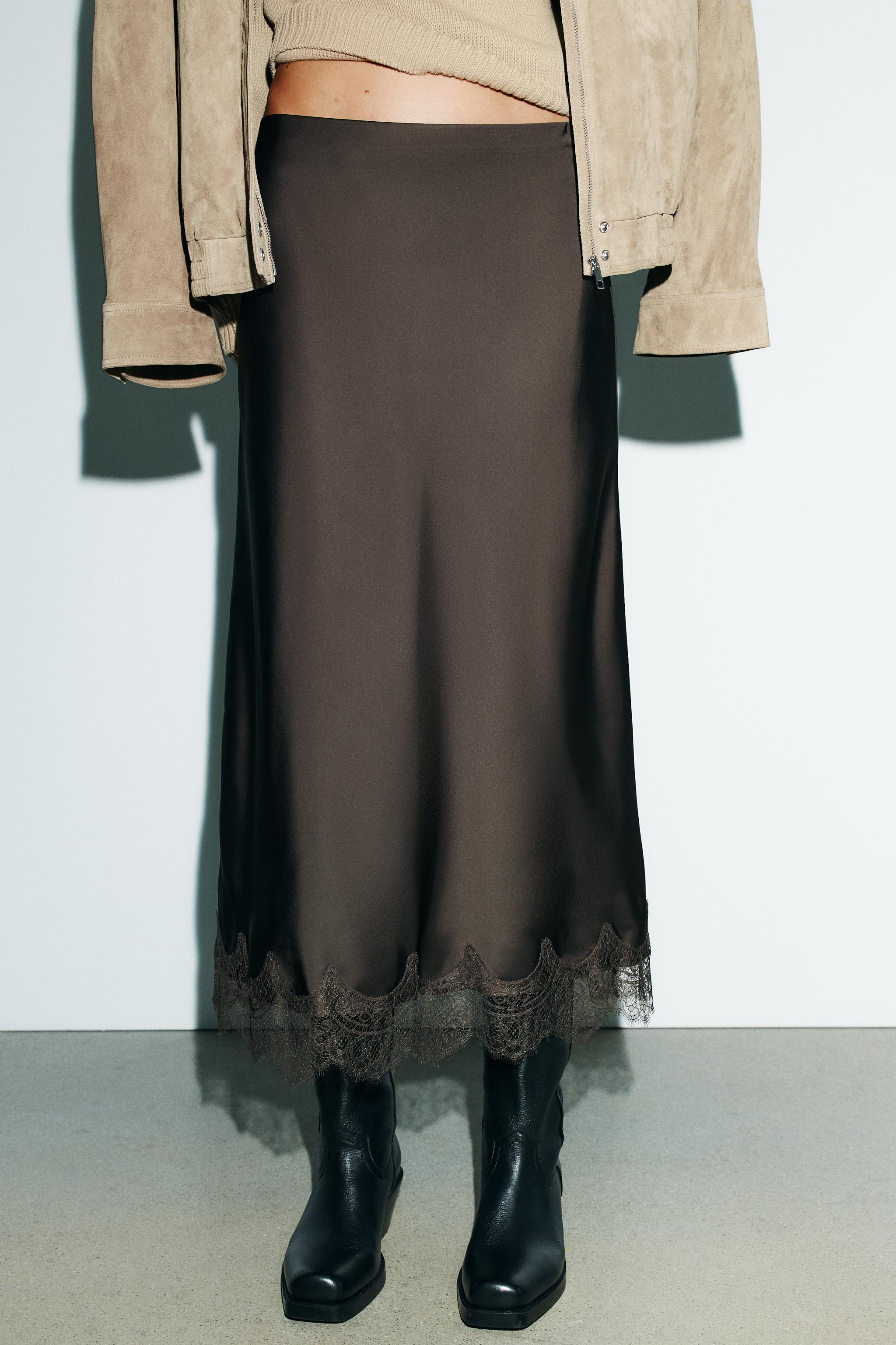 サテンレースミディスカート - チョコレートブラウン | ZARA