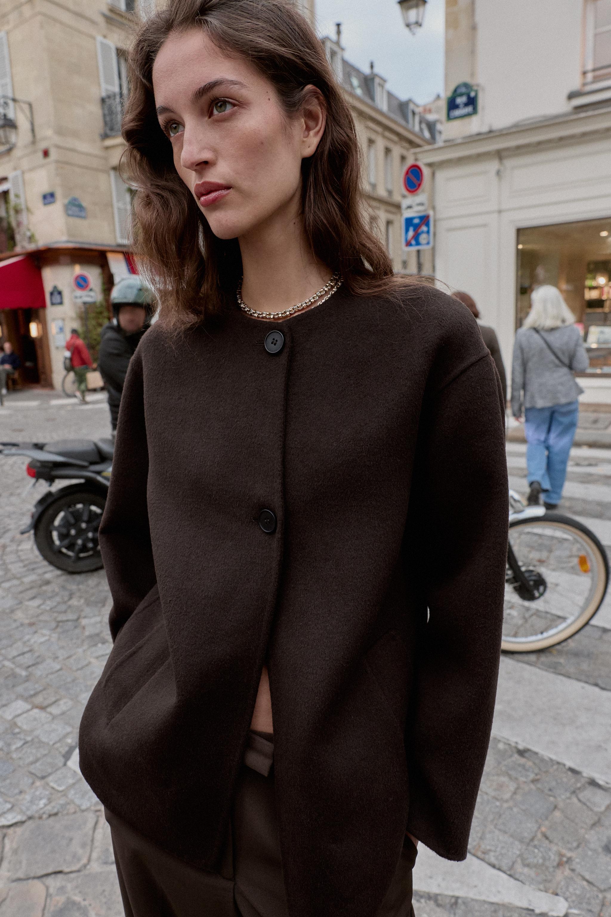 [正規品] ZARA ザラ ウールショートスカーフコート M ブラウン ウール ショートスカーフコート - ブラウン | ZARA Japan / 日本