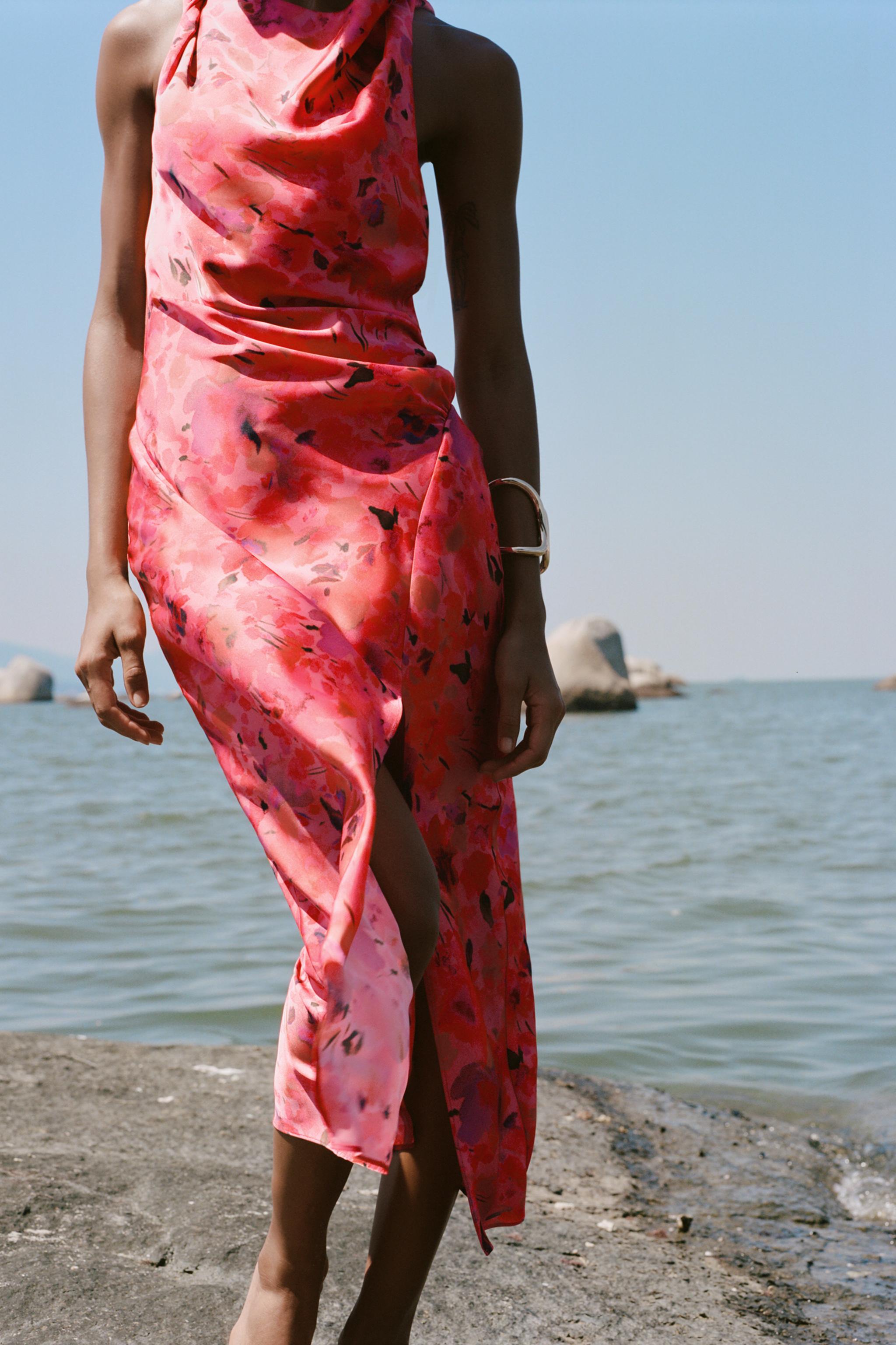 NWT. Zara Multicolored Satin Effect Festival Hippie Geometric Print Dress  Size M