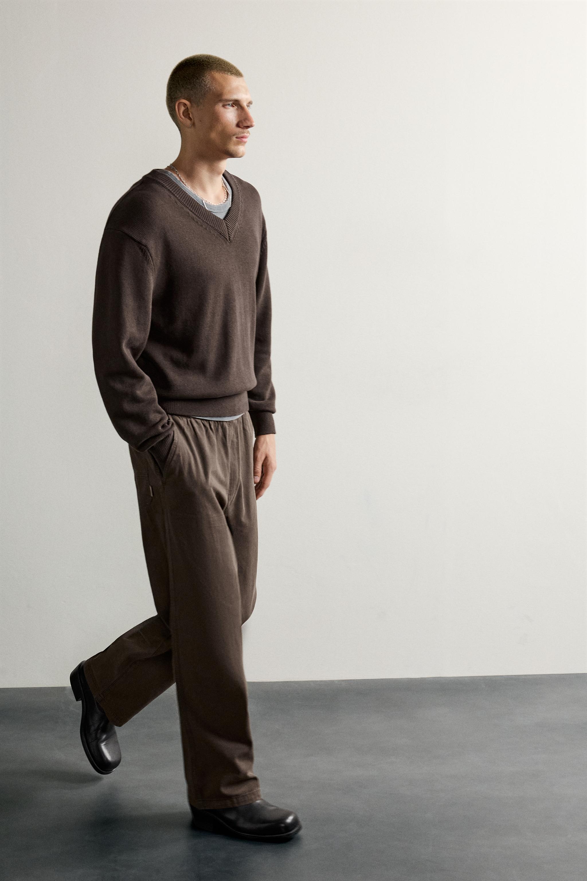 RELAXED FIT HERRINGBONE PANTS