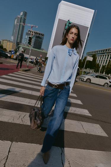 POPLIN BLOUSE WITH BOW - Light blue by Zara - Image 0