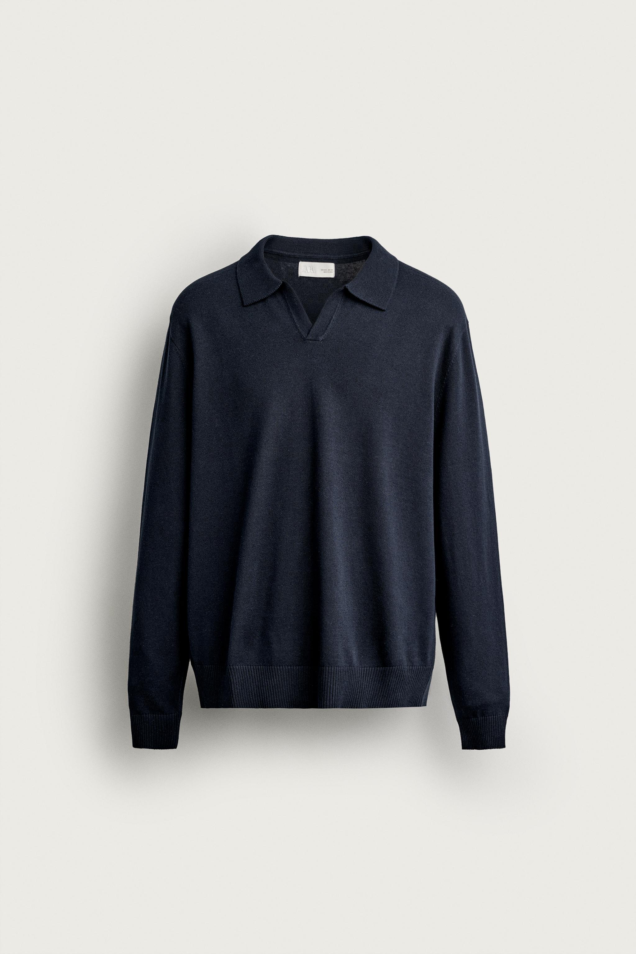 COTTON-LINEN KNIT REGULAR FIT POLO — Navy blue