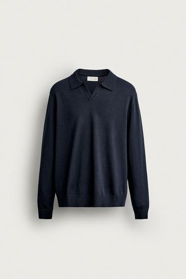 COTTON-LINEN REGULAR FIT KNIT POLO SHIRT - Navy blue by Zara