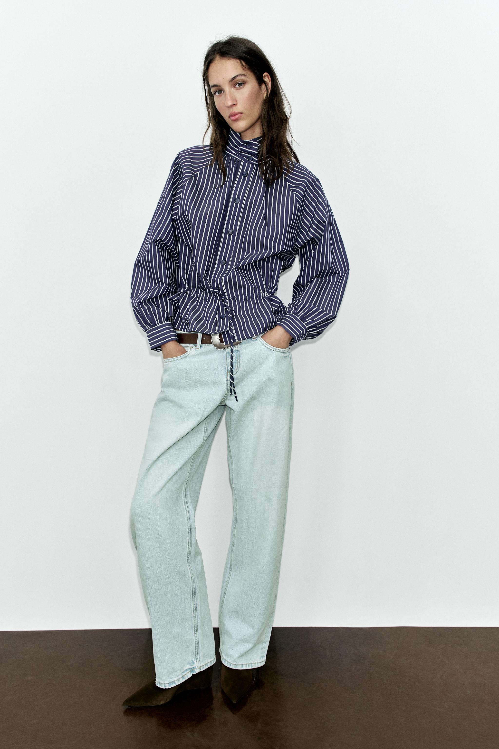 STRIPED HIGH NECK SHIRT — Navy / White