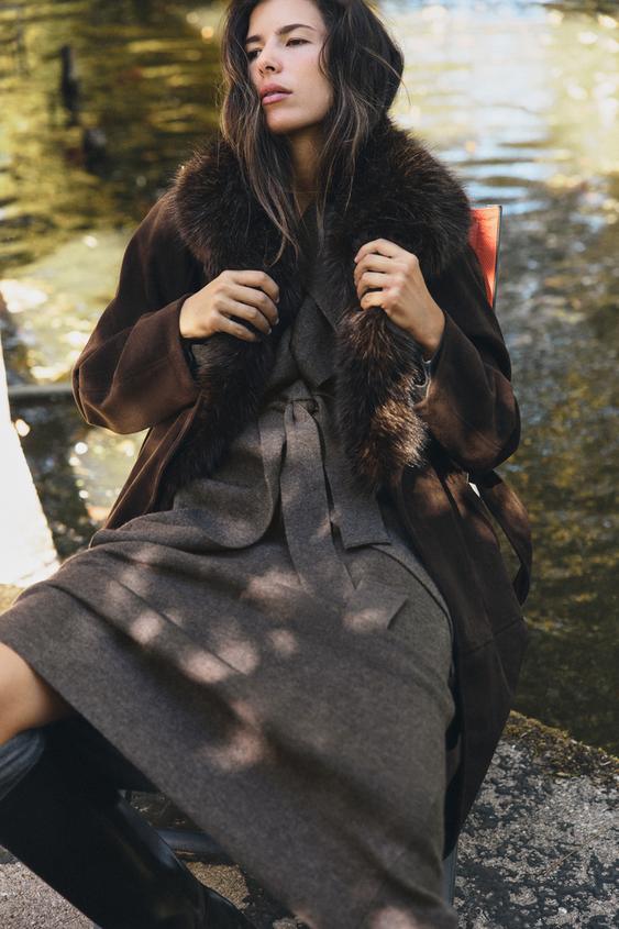 FAUX FUR COLLAR BELTED COAT - Brown by Zara - Image 0
