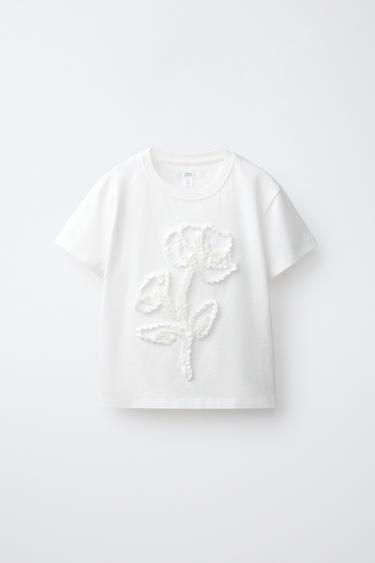 Zara 立體花卉毛圈布 T 恤 - 白色