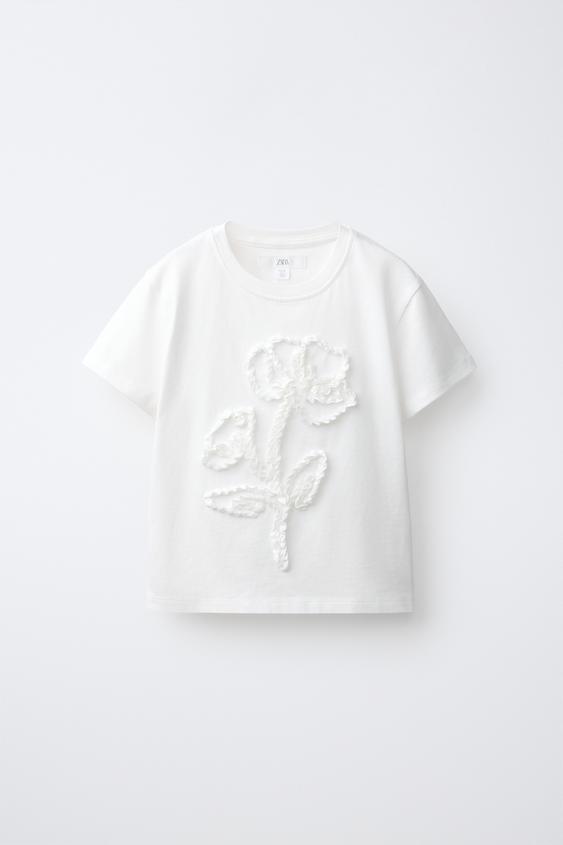 Zara 立體花卉毛圈布 T 恤 - 白色 - 圖片 0