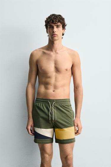 LONG COLOUR BLOCK SWIMMING TRUNKS - Green by Zara - Image 4