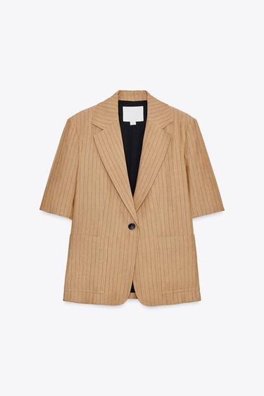 BLAZER AVEC LIN RAYURES ZW COLLECTION - Camel clair de Zara - Image 3