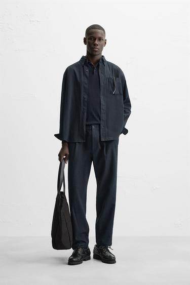TEXTURED PLEATED TROUSERS - Navy blue by Zara