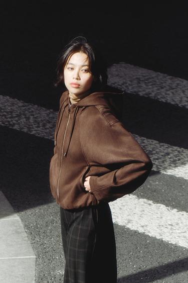 Zara 人造麂皮連帽飛行員外套 - 棕色