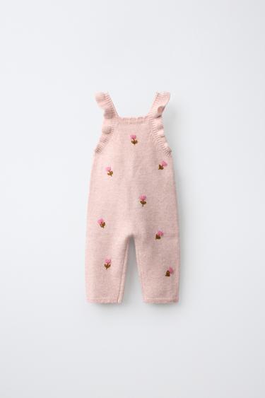 LONG SUEDE KNIT DUNGAREES WITH EMBROIDERED FLOWERS - Pale pink by Zara