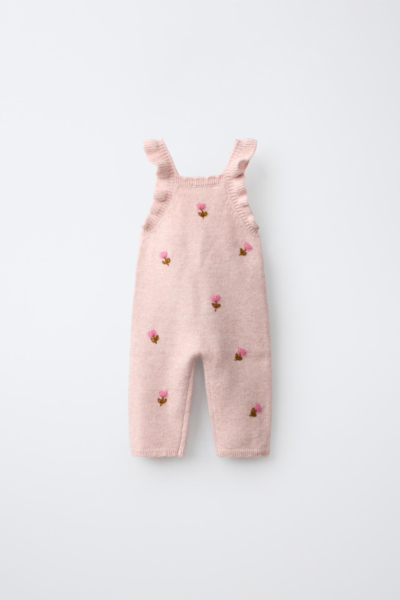 EMBROIDERED FLORAL KNIT JUMPSUIT — Pale pink