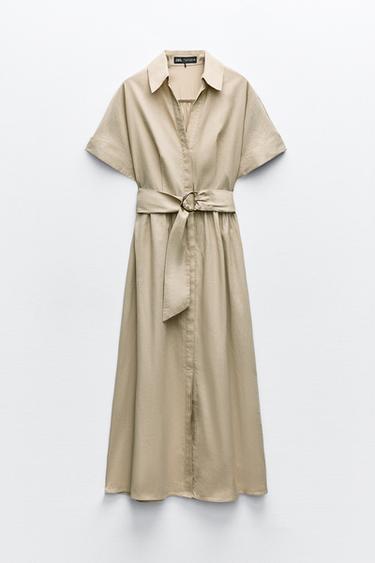 LINEN BLEND MIDI SHIRT DRESS - Light beige by Zara - Image 4